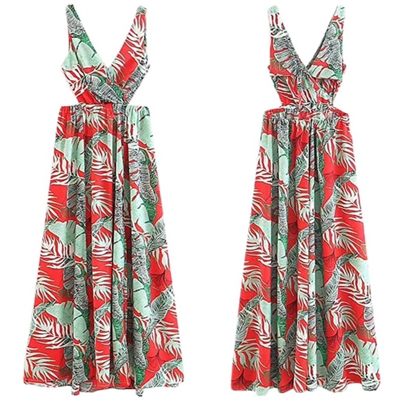 Gorgeous Sleeveless Tropical Botanical Maxi in orange and green - Picture 3 of 8